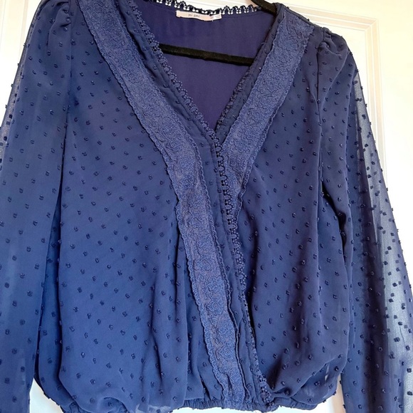 Francesca’s Long Sleeve Lace Wrap Top, Blue - Picture 2 of 5